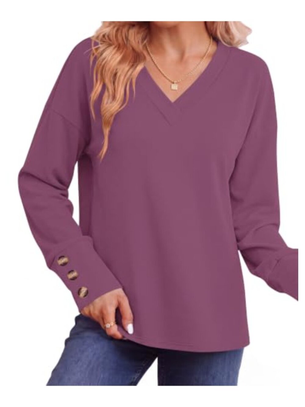 Womens V Neck Pullover Top Long Sleeve Button Cuff Lightweight Casual Sweatshirt